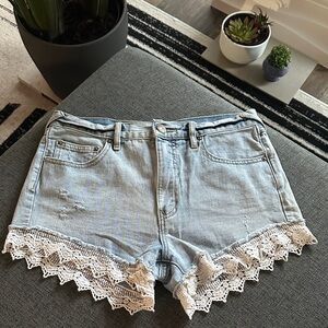 Free People Light Blue Jean Shorts with White Lace